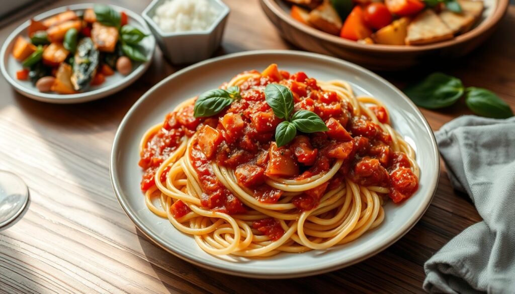 Spaghettini pasta with sauce and sides